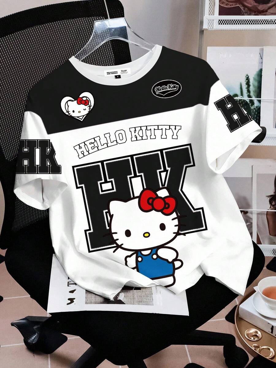 HELLO KITTY AND FRIENDS | SHEIN 女士休闲卡通字母图案短袖圆领T恤，舒适透气，适合夏季 - 白色 - 查看 1
