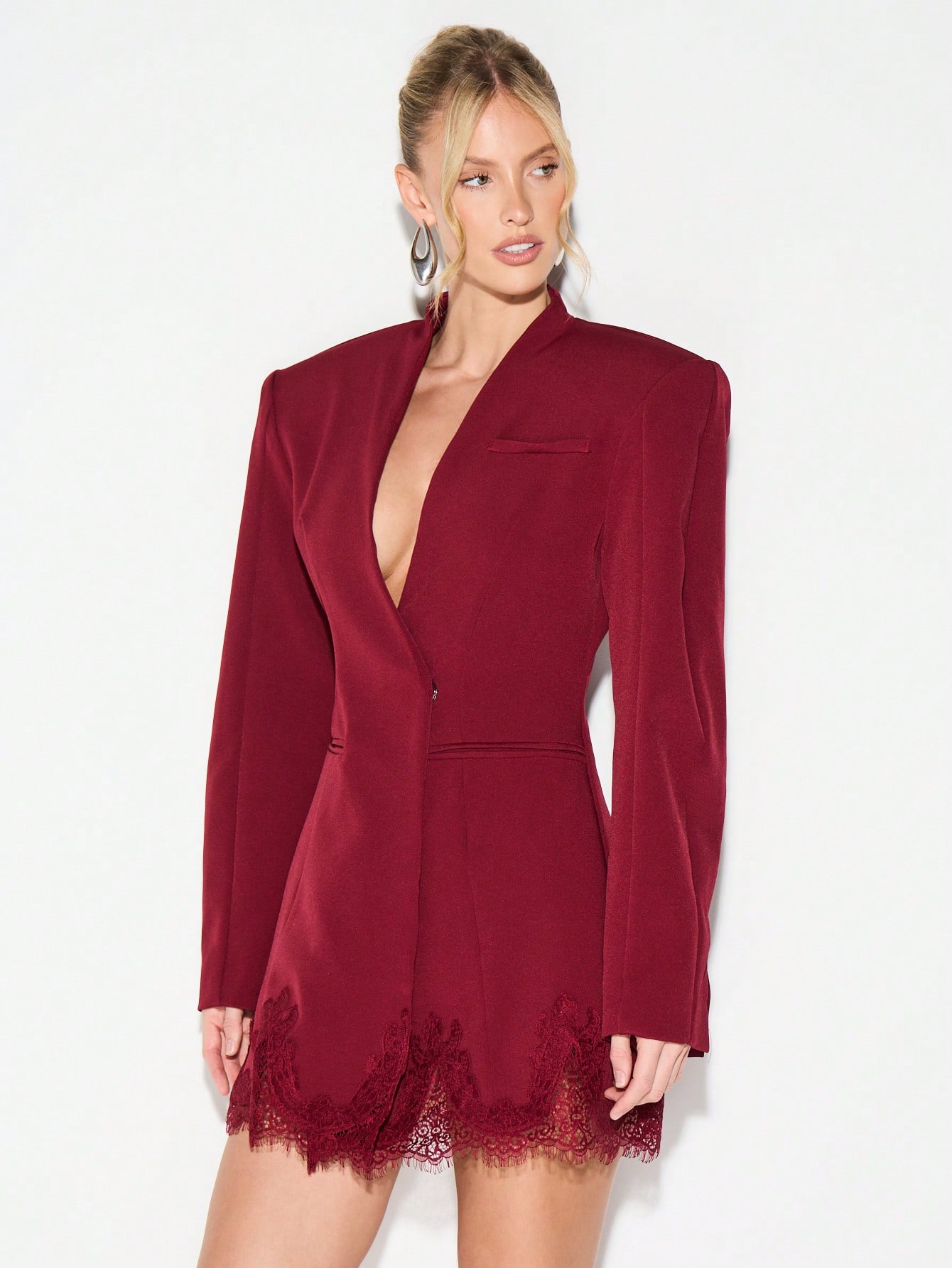 KIZN Burgundy Lace Trim Blazer Dress With Shoulder Pads