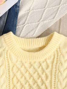 SHEIN Teen Girls' Yellow Crew Neck Chunky Cable Knit Casual Pullover Sweater - Yellow - View 4