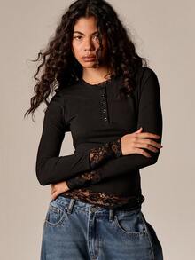 AiiRZ Ribbed Henley Top With Lace Trim Detail And Button Front Long Sleeve Layered Tee - Black - View 1