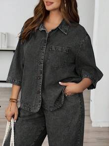 EMERY ROSE Blouse en jean décontracté à boutons pour grandes tailles - Noir - Voir 8