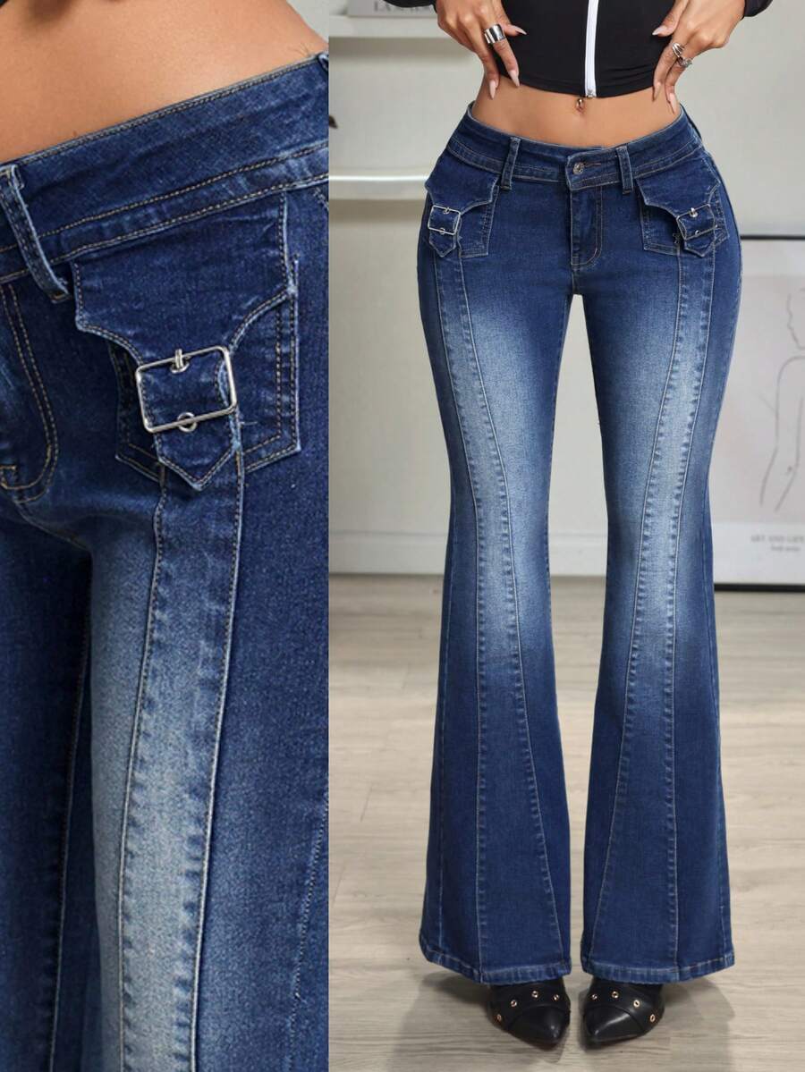 SHEIN EZwear 女士Y2K前口袋水洗扣环装饰喇叭牛仔裤 - 深色水洗藍 - 查看 1