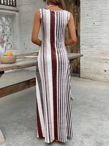 Breezaya Đầm không tay cổ tròn kẻ sọc có túi dành cho nữ - Màu nâu  Mocha - Xem 2