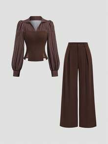 Sweetra Bộ 2 món áo sơ mi dài tay kẻ caro thanh lịch cổ điển dành cho nữ và quần ống rộng ống đứng, mùa thu/đông - Cà phê nâu - Xem 1