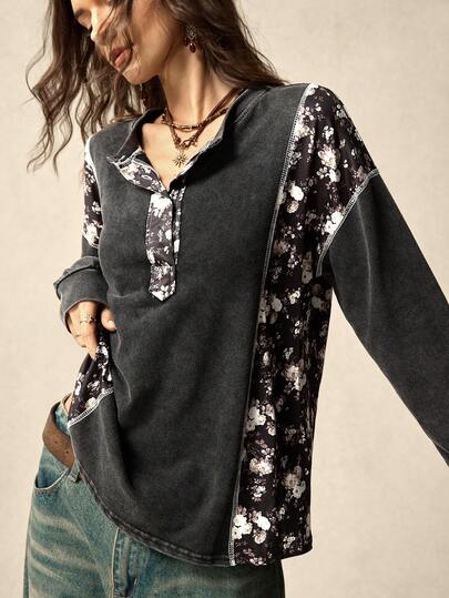 SoleilVie Women's Patchwork Ditsy Floral Drop Shoulder Long Sleeve Button Half Placket Casual Loose Sweatshirt Boho Tops Women Bohemian Tops Fall Tops Women Hippie Tops Western Tops Boho Shirts Women