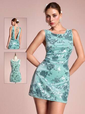 ROMWE Avant Abito da festa in velluto con schiena scoperta, collo drappeggiato, pesantemente decorato con perline e paillettes, colore blu zaffiro