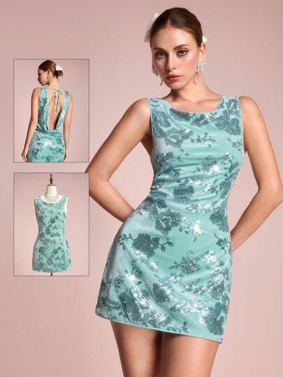 ROMWE Avant Heavily Beaded & Sequined Backless Draped Neck Design Velvet Party Dress, Sapphire Blue