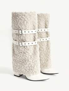 CUCCOO CHICEST Women's Pointed Toe Buckle Design Faux Fur Tall Boots For Christmas - White - View 1