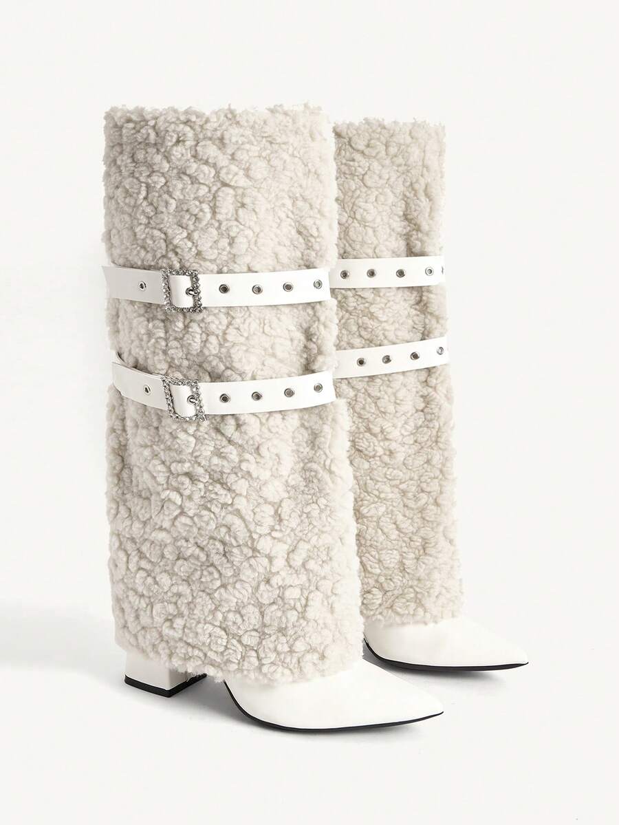 CUCCOO CHICEST Women's Pointed Toe Buckle Design Faux Fur Tall Boots For Christmas - White - View 1
