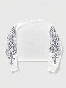 ROMWE MEN Street Life Teen Boy Letter & Cross Print Crew Neck Long Sleeve Pullover Sweatshirt - White - View 2