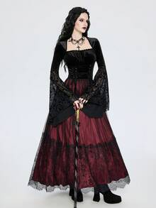 Breakform Váy Maxi hai lớp bằng vải satin thêu hoa cổ điển Gothic thanh lịch màu đỏ rượu vang dành cho nữ, thích hợp cho các buổi đi chơi hàng ngày và trang phục dự tiệc - Màu Đỏ Sâu - Xem 6