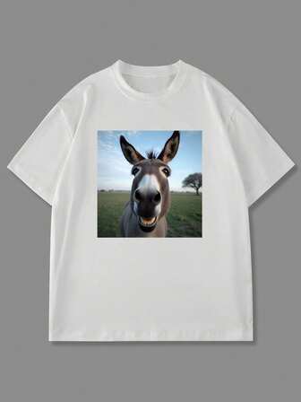 Manfinity Roghcode Men's Funny Donkey Print Round Neck Short Sleeve T-Shirt, Casual For Vacation, Dining, Dating, Simple And Versatile, Suitable For Self-Wear Or Gift To Friends Meme