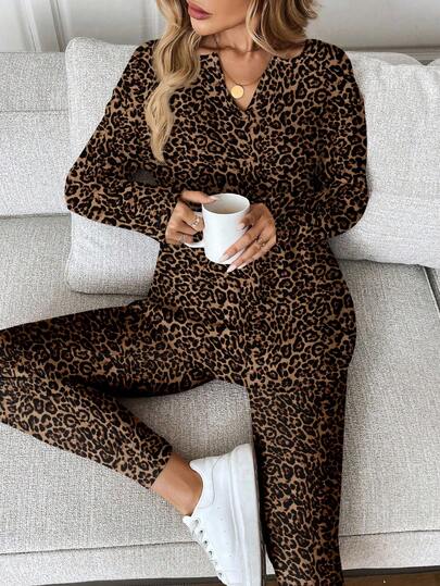 SHEIN LUNE 2pcs Women Vintage Leopard Print Long Sleeve T-Shirt And Leggings Set, Suitable For Outings, Homewear, Streetwear, Fitness Yoga, Chic, Commuting
