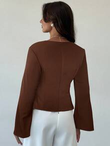 Aloruh Áo sơ mi dài tay cổ chữ V thắt eo màu cà phê, đi làm/đi chơi, áo nâu, áo cánh nữ, áo cánh thanh lịch dành cho nữ, lễ tạ ơn dành cho nữ, áo cánh sang trọng dành cho nữ, áo công sở, phong cách quý tộc, áo sơ mi trơn màu - Cà phê nâu - Xem 2