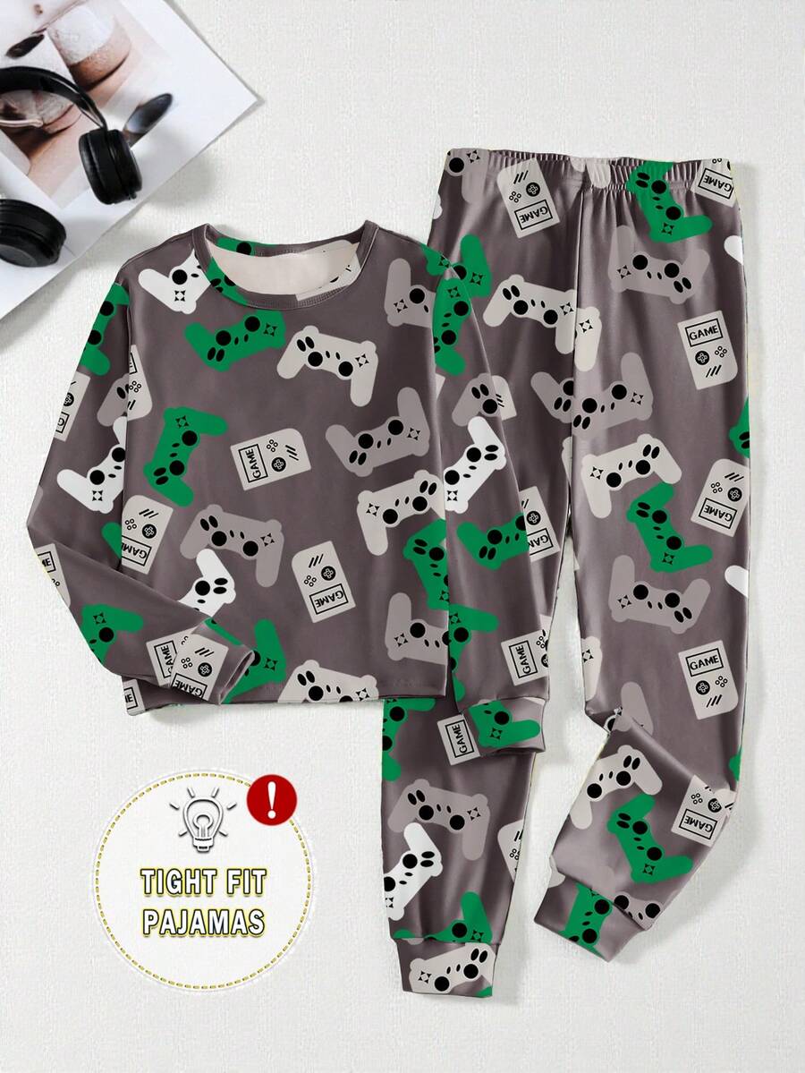 1 Bộ đồ ngủ vừa vặn cho bé trai tuổi teen, áo cổ tròn tay dài in hình bộ điều khiển trò chơi điện tử đẹp mắt và quần dài, mùa xuân/thu - Màu nâu Sô-cô-la - Xem 1