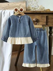SHEIN Conjunto de 2 piezas de niña bebé con parches de mezclilla y estampado de cerezas, para otoño/invierno - Azul - Ver 2