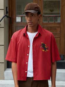 SWAVVY New Year Glamour Men's Fashionable Printed Pattern Striped Shirt, Spring/Summer Rooster Shirts Chicken Jockey Shirt Chicken Shirts For Men Duck Shirt Horse Shirt - Red - View 4