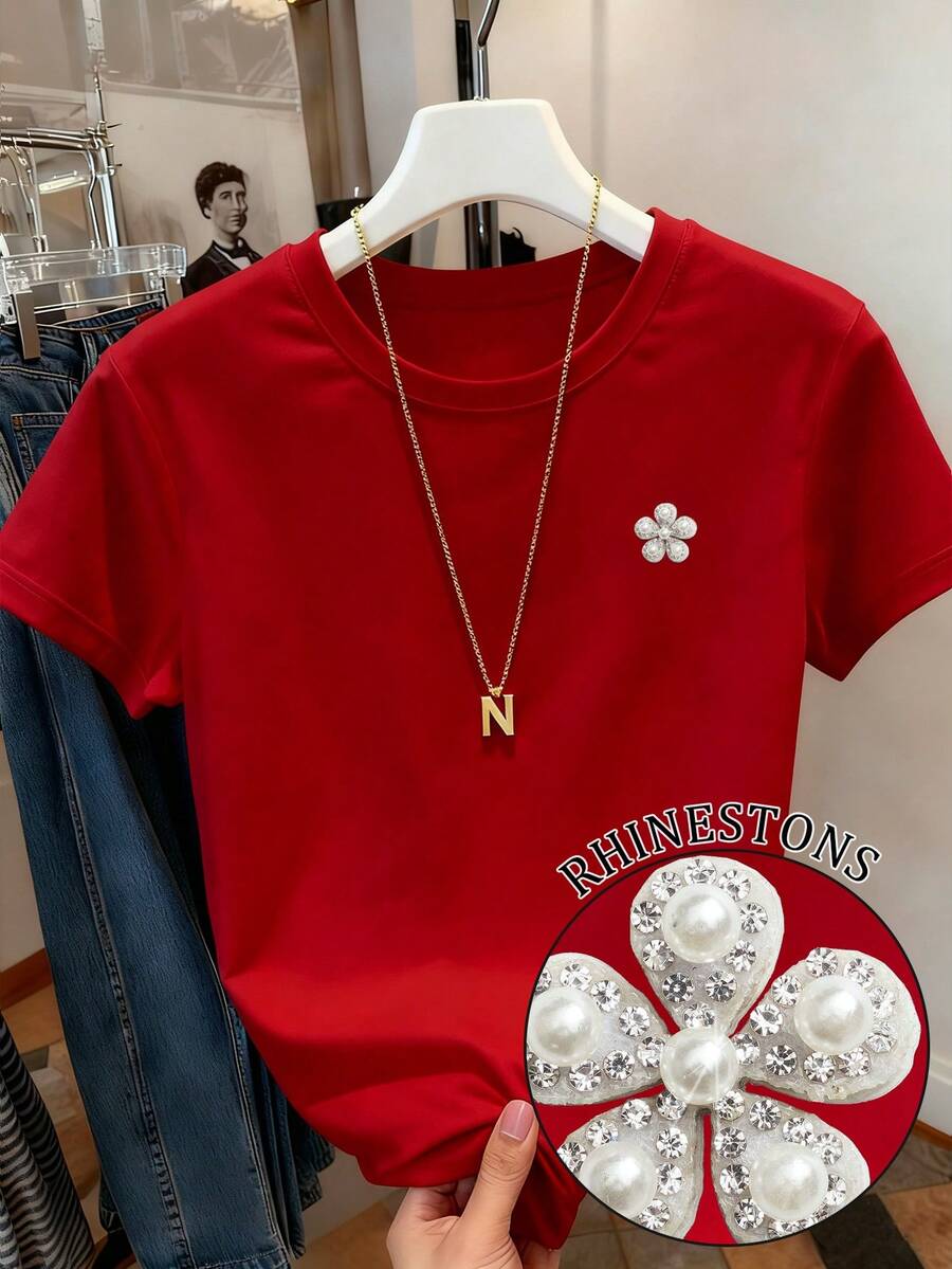 Resyla Women's Round Neck Faux Pearl & Rhinestone Decor Casual Short Sleeve T-Shirt - Red - View 1