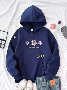 SHEIN 少女藏蓝色刺绣花卉休闲宽松套头卫衣 - 藏蓝色 - 查看 1