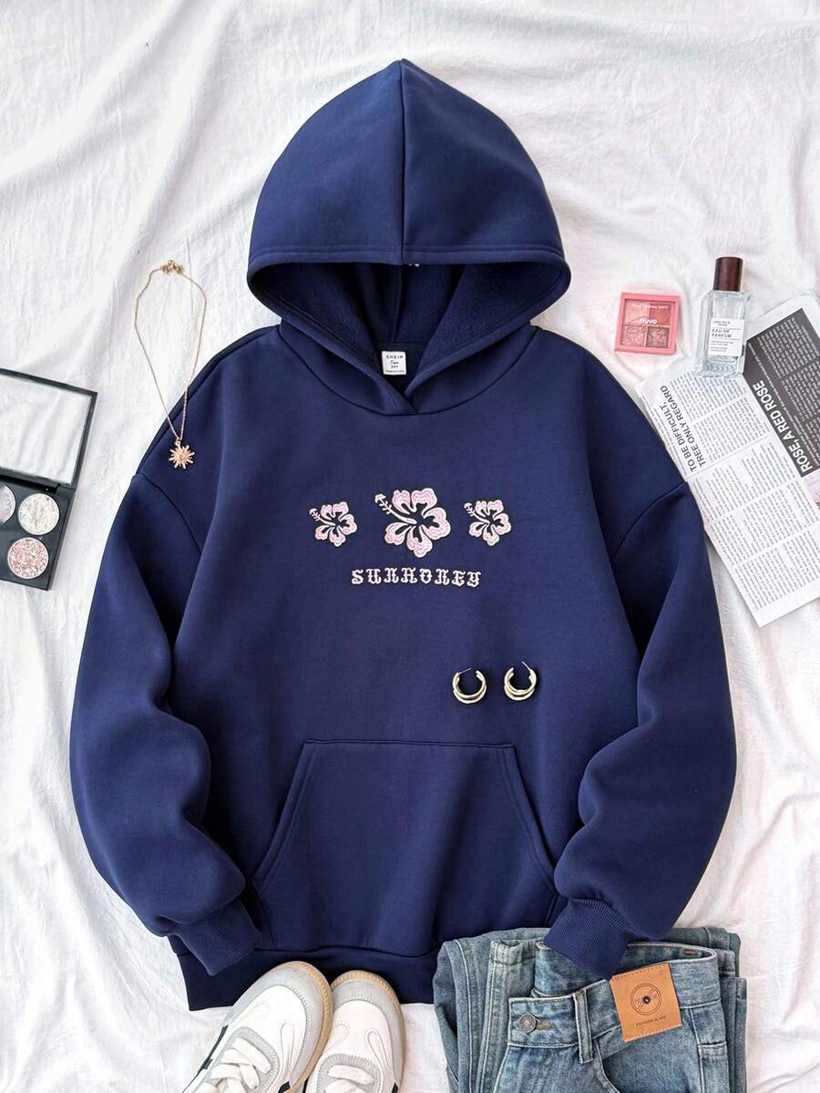 SHEIN 少女藏蓝色刺绣花卉休闲宽松套头卫衣 - 藏蓝色 - 查看 1