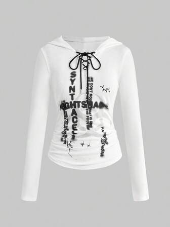 ROMWE Avant English Print Drawstring Design Casual Hoodie T-Shirt For Women