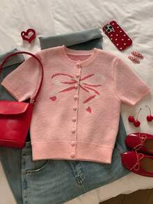 Comfortcana 女士时尚蝴蝶结休闲日常粉色纽扣圆领返校短袖开衫，适合春季、情人节、外出穿着，粉色上衣，优雅、度假、休闲、Y2K风格，适合春夏、情人节、嘉年华、生日等场合。 - 粉色 - 查看 5