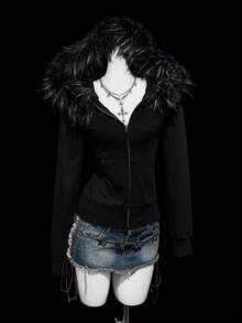 SHEIN ICON 女士复古毛领拼接常规外套 - 黑色 - 查看 1