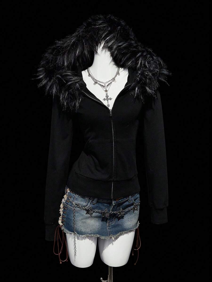 SHEIN ICON 女士复古毛领拼接常规外套 - 黑色 - 查看 1