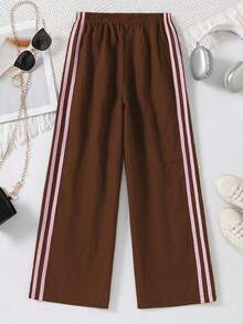 SHEIN Tween Girls' Casual Athletic Inspired Elastic Waist Contrast Striped Side Loose Wide Leg Pants - Brown - View 2