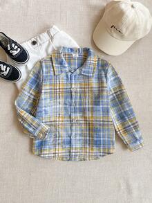 Joliand Joliand 1 件年轻男孩优雅学院风休闲都市蓝黄格子领长袖衬衫，适合外出、聚会、返校、秋冬季 - 彩色 - 查看 1