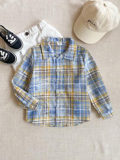 Joliand Joliand 1 件年轻男孩优雅学院风休闲都市蓝黄格子领长袖衬衫，适合外出、聚会、返校、秋冬季