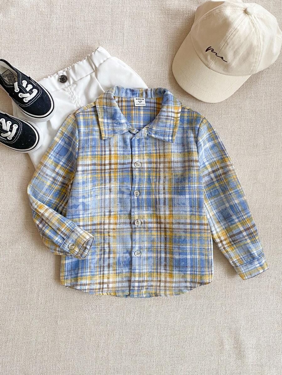 Joliand Joliand 1 件年轻男孩优雅学院风休闲都市蓝黄格子领长袖衬衫，适合外出、聚会、返校、秋冬季 - 彩色 - 查看 1