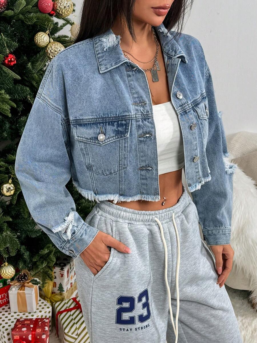 SHEIN PETITE Women's Fashion Frayed Distressed Denim Jacket - Medium Wash - View 1