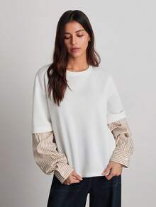 Easelle 复古休闲圆领卫衣，条纹袖子拼接设计，宽松版型，女款 - 彩色 - 查看 5