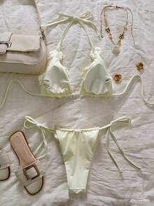 Swim Mod 2026 Spring/Summer Solid Color Floral Crochet Halter Sexy Side Tie Cute Sweet Women Bikini Set - Apricot - View 2