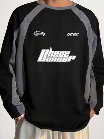 Claim Dot Men's Letter Print Contrast Color Round Neck Raglan Sleeve Casual Sweatshirt Racing Shirt Racing Jersey Baggy Jersey Long Sleeve Jersey