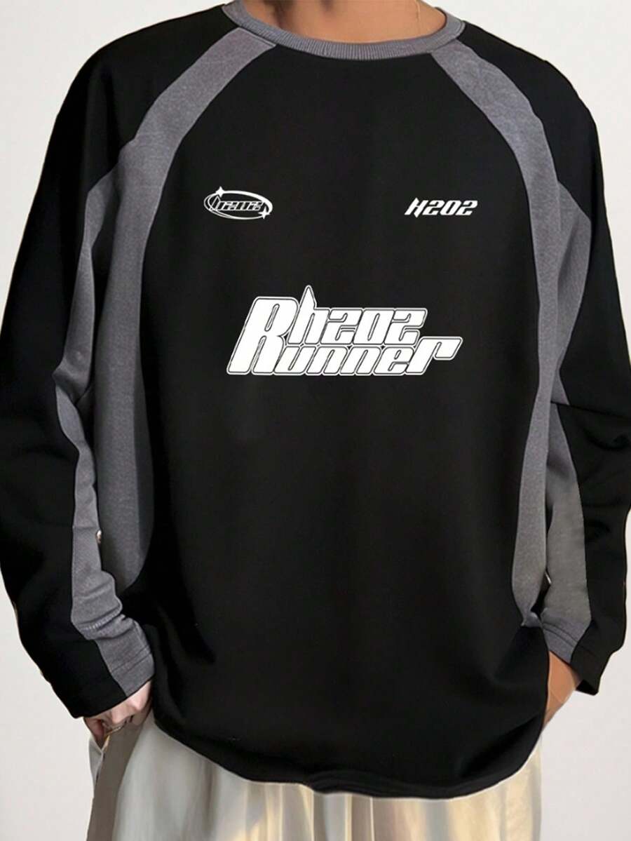 Claim Dot Men's Letter Print Contrast Color Round Neck Raglan Sleeve Casual Sweatshirt Racing Shirt Racing Jersey Baggy Jersey Long Sleeve Jersey - Black - View 1