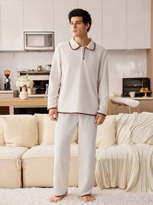 CoupledUp 男士舒适休闲翻领三粒扣长袖睡衣套装，秋冬款 - 米色 - 查看 6