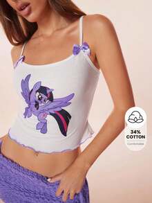 My Little Pony X SHEIN 女士休闲可爱卡通独角兽印花撞色包边荷叶边蝴蝶结装饰修身露脐吊带背心，夏季 - 白色 - 查看 8