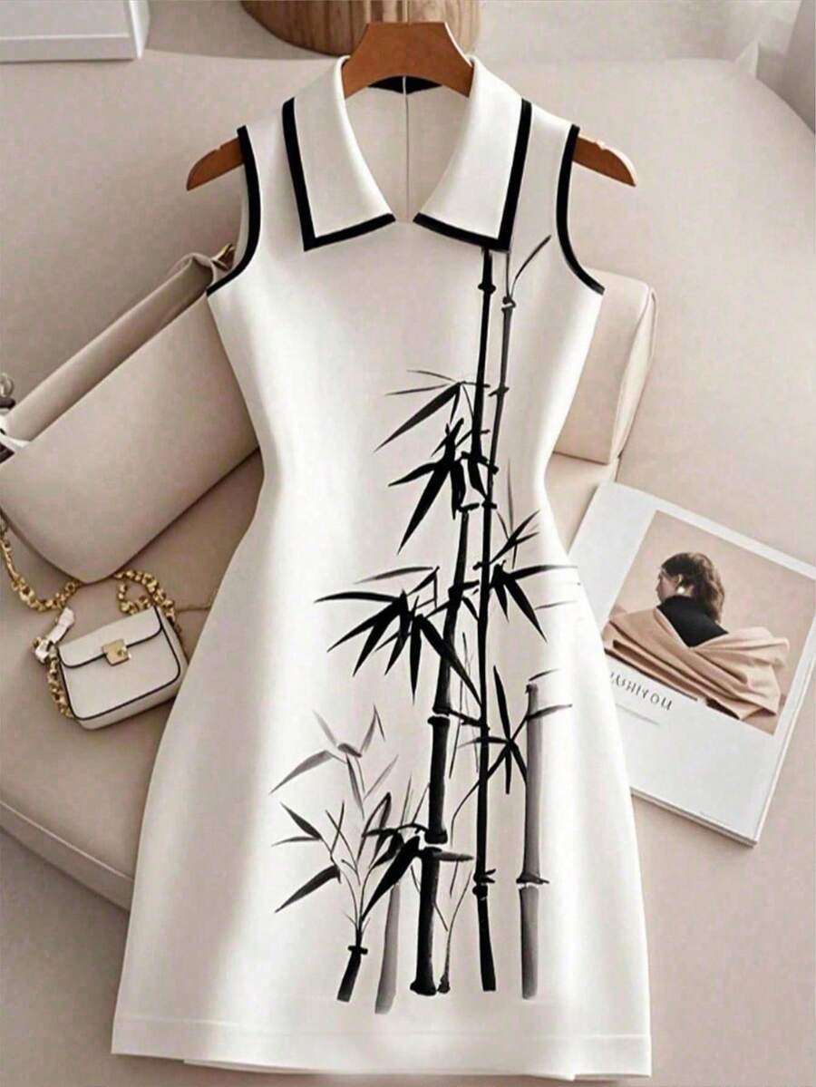 Franclia Petite 2025新款印花衬衫裙 - 女士简约休闲办公度假百搭款 - 黑與白 - 查看 1