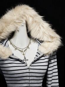 SHEIN ICON 女士Y2K斑马纹抓绒连帽拉链修身休闲长袖卫衣，冬季女装，秋季女装，动漫女装 - 灰色 - 查看 5