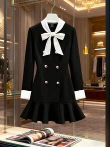 GlowEve Váy ngắn chữ A cổ thắt nơ màu tương phản thanh lịch và thời trang dành cho nữ, tay dài, thu/đông - Đen và trắng - Xem 6