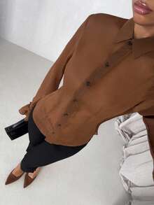 Glamine Women Coffee Brown Sheer Woven Fabric Extra Long Sleeve Regular Blouse Zanzea Terno Pants And Blouse Brown Silk Shirt Brown Shirt For Women Terno Outfit For Women Blouse Blouse For Women Casual Modern Zoey Outfit Clothes For Ladies Zahide Outfit - Coffee Brown - View 3