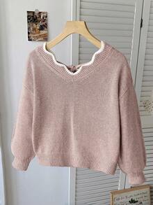 SHEIN Serisse Kids 这款少女休闲时尚百搭针织套头毛衣，采用波浪下摆、V领、后背蝴蝶结和灯笼袖设计，适合周末、休闲外出、返校、圣诞节、新年等秋冬季穿着。 - 藕粉色 - 查看 13