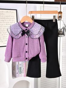 Elladie kids Autumn/Winter Young Girls Pink Lace Collar Bow Black Button Long Sleeve Top + Black Flare Pants Set, Sweet & Cute, Retro Fashion, Casual & Comfortable, Suitable For Daily Wear, Travel, School And More - Purple - View 6