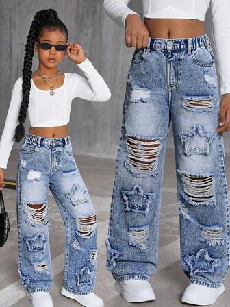 少女复古休闲个性化时尚蓝色水洗破洞贴布五角星刺绣直筒牛仔裤，轻松度假风休闲裤