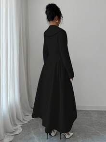 Elenzga 女士优雅长款纯色大衣，标准尺码，秋冬 - 黑色 - 查看 2