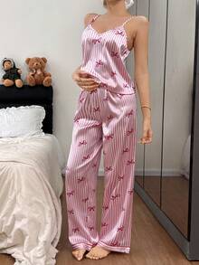 Dream Adore Women Pink Satin Striped Bow Print Sleeveless Spaghetti Strap Long Pajama Set Babydoll Pajama Set Lingerie Pajamas Set Pajama Set Women Women Summer Sets - Pink - View 3