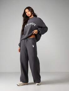 Missguided x Playboy Pantaloni della tuta oversize con gamba ampia, con vita con coulisse e polsini elastici per abbigliamento casual e comodo autunno inverno - Grigio Scuro - Visualizzare 5