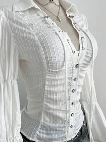 Elamini Women's White Long Sleeve Shirt, Elegant Styling, Versatile For Autumn/Winter Everyday Commute, Relaxed Fit With Textured Fabric - White - View 8